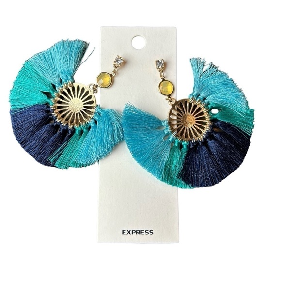 Statement Earrings From Express Boho Tropical Bold Gold & Shades of Blue Fringe - Picture 9 of 13